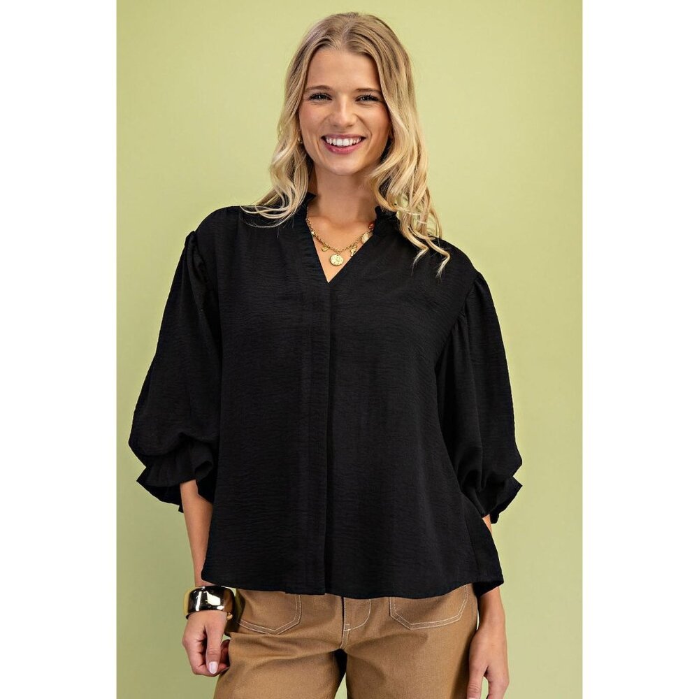 Gigio 3/4 Length Gathered Balloon Sleeve Blouse with a Rounded Back Yoke Black M